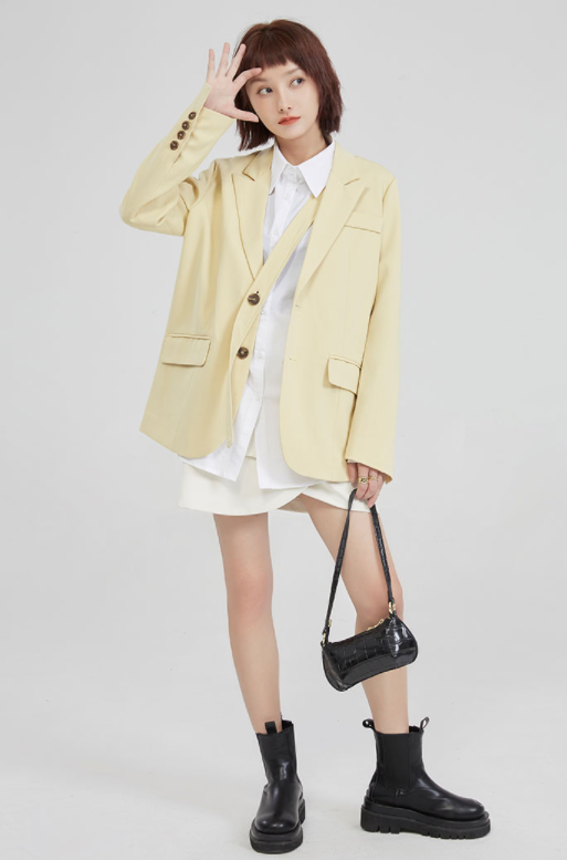 Blazer Corto Mujer Otoño Amarillo Crema Diseño Exclusivo Rejuvenecedor