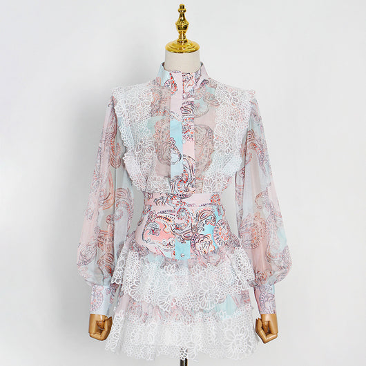 Conjunto Falda y Blusa Primavera con Cuello Elevado y Mangas Linterna - Image 12