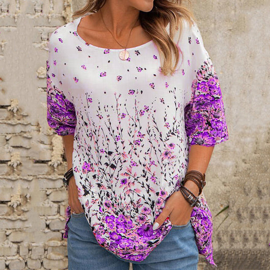Blusa Casual Floral Suelta Cuello Redondo Manga Corta para Mujer - Image 11