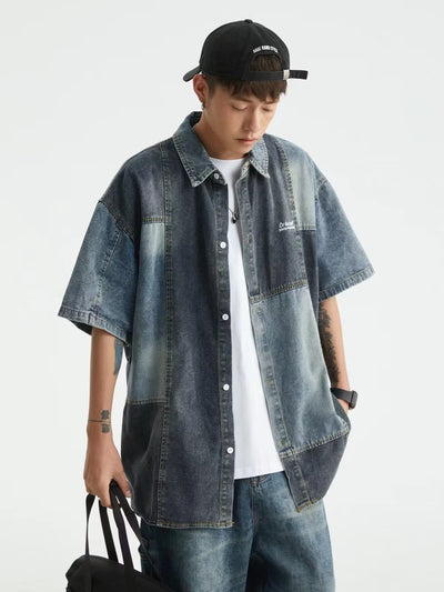 Camisa Denim Retro Estilo Japonés con Costuras Lavadas para Hombre - Image 4