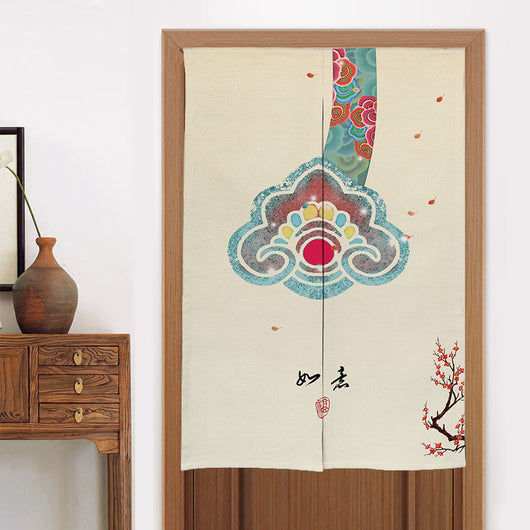 Chinese style fabric door curtain with cherry blossoms, colorful lanterns, and a white cat walking on a beige background. - Image 20