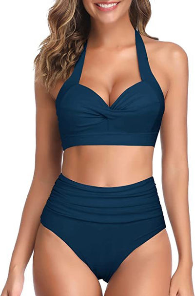 Bright yellow two-piece bikini with a halter neck top featuring a twisted bow and high-waisted ruched bottoms. - Image 18