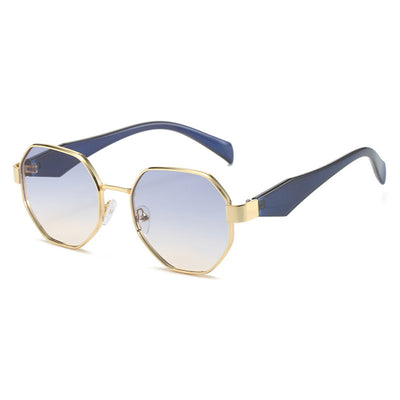Polygonal sunglasses with a gold metal frame, beige temples, and dark black-gray lenses on a white background. - Image 13