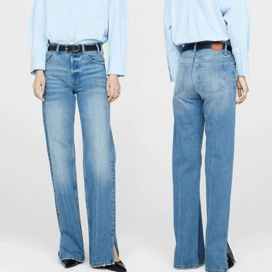 Jeans Rectos Azul Nórdico Cintura Media con Cierre de Botones para Mujer