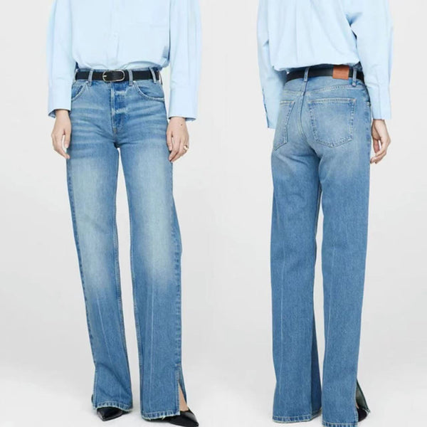 Jeans Rectos Azul Nórdico Cintura Media con Cierre de Botones para Mujer