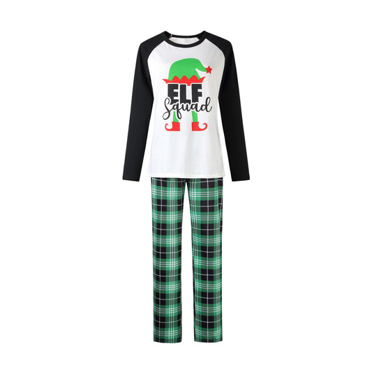 Christmas "ELF Squad" pajama set with white and black raglan long-sleeve top and green plaid pants. - Image 2