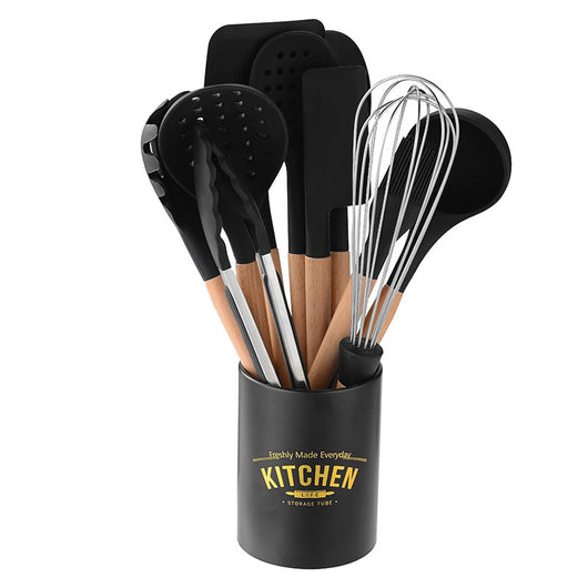 Set de Utensilios de Cocina en Silicona con Mango de Madera Crema - Image 10