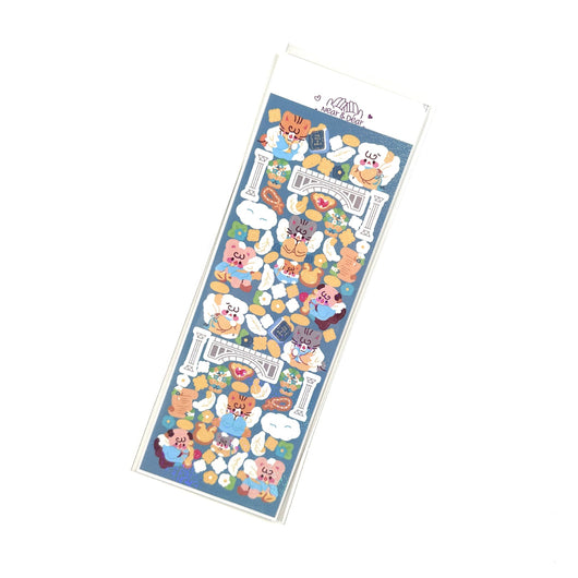 Korean style cartoon animal angel stickers with clouds and architectural elements on a blue sheet. - Image 6