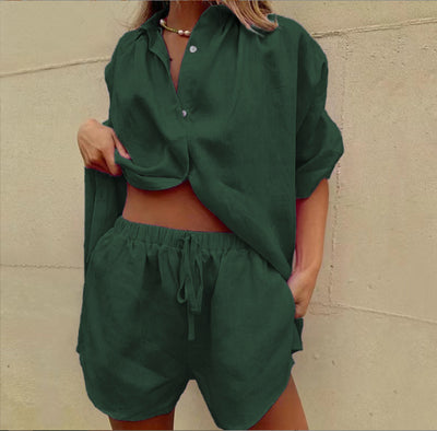 Conjunto de Dos Piezas: Camisa Manga Corta con Solapa y Pantalón Ancho con Shorts de Cordones - Image 12