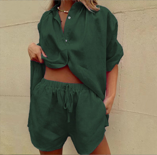Conjunto de Dos Piezas: Camisa Manga Corta con Solapa y Pantalón Ancho con Shorts de Cordones - Image 12
