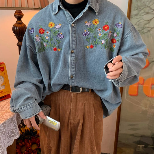 Camisa Denim Bordada con Flores Vintage