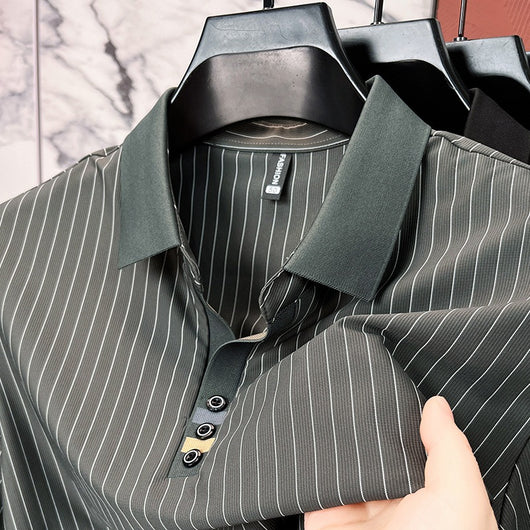 Polo de Seda Helada a Rayas - Camisa Business Casual para Hombre Maduro - Image 9