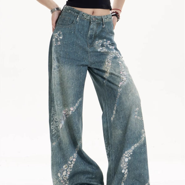 Pantalones Jeans Anchos con Estampado de Moño