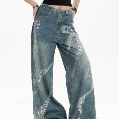 Pantalones Jeans Anchos con Estampado de Moño