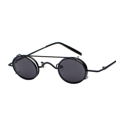 Retro round sunglasses with vibrant red lenses and a black metal frame, featuring a unique flip-up design. - Image 6