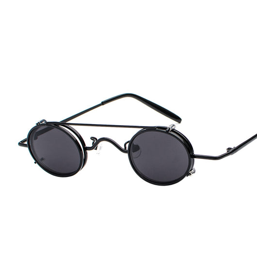 Retro round sunglasses with vibrant red lenses and a black metal frame, featuring a unique flip-up design. - Image 6