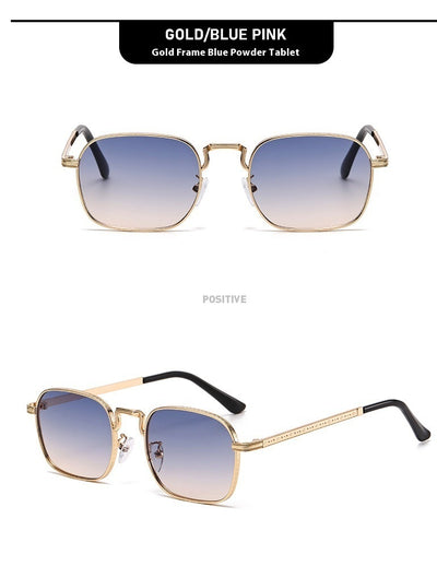 Gold frame square-oval sunglasses with gradient black and grey lenses and black temple tips on a white background. - Image 18