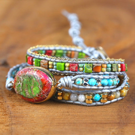 Pulsera Vintage de Cuero Tejido con Cristales Naturales