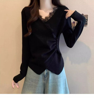 Blusa Manga Larga con Encaje Irregular y Escote en V - Image 26