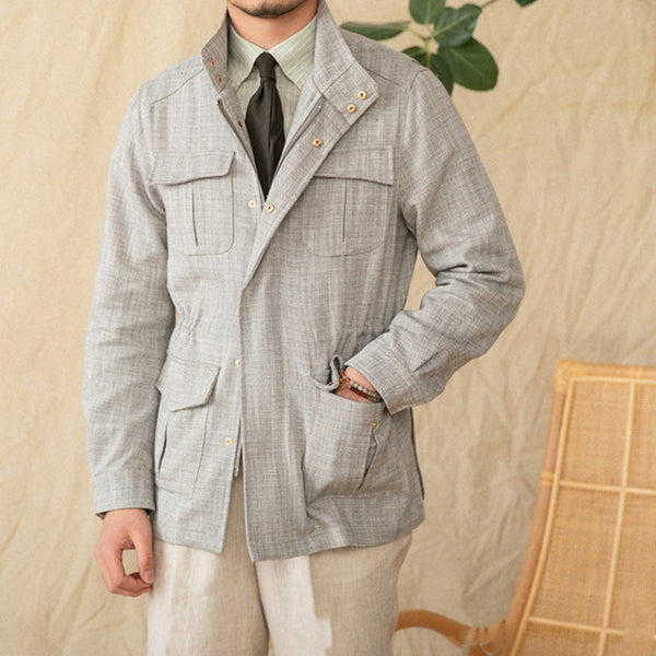 Chaqueta Safari M65 de Algodón y Lino con Cuello Alzado y Cintura Ajustada