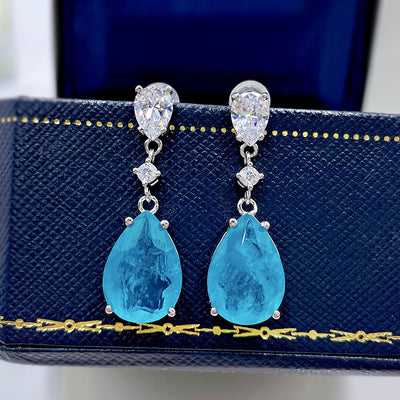Aretes de Plata con Paraiba Sintético en Forma de Gota de Agua - Image 2