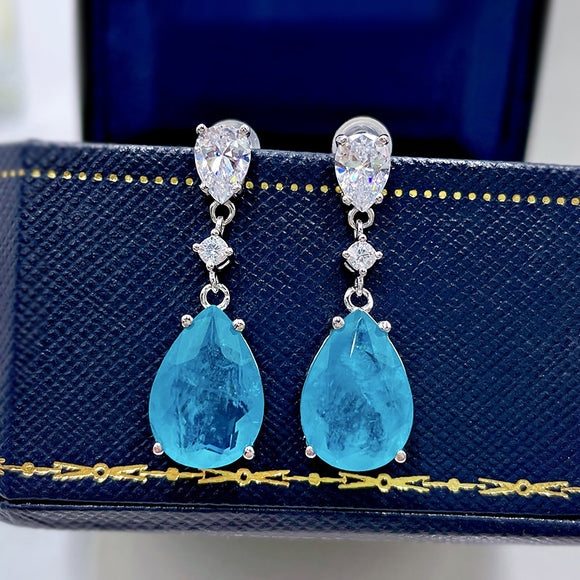 Aretes de Plata con Paraiba Sintético en Forma de Gota de Agua