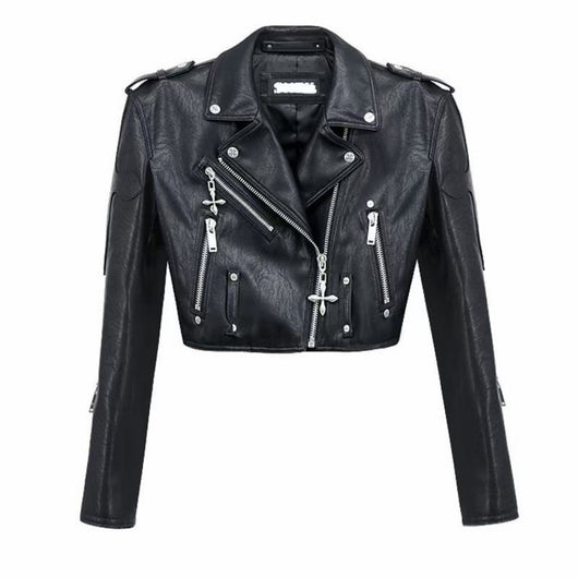 Chaqueta Biker Corta de Cuero Sintético con Cruces y Tachuelas - Image 5
