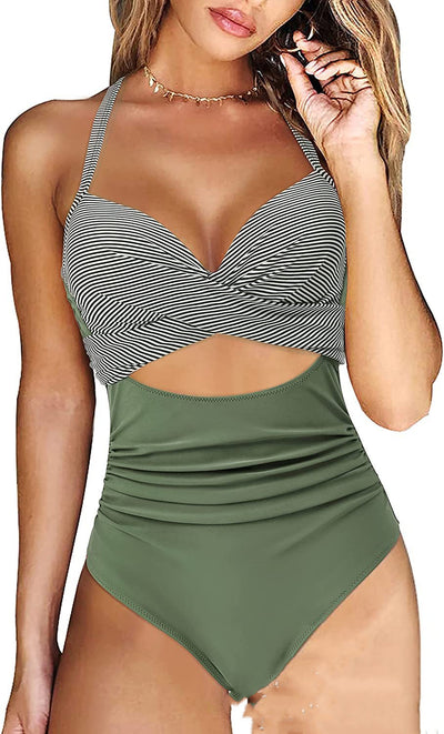 Traje de Baño de Talla Grande para Mujer con Hombros Descubiertos y Estampado Multicolor - Image 13