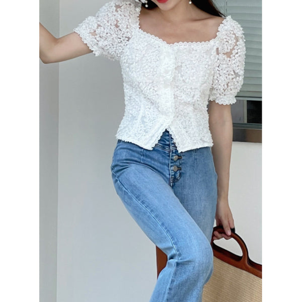 Blusa Cropped Retro Francesa Bordada para Mujer - Image 3
