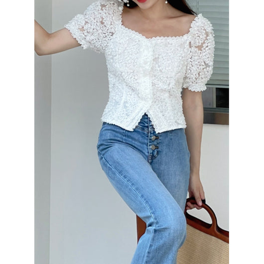 Blusa Cropped Retro Francesa Bordada para Mujer - Image 3