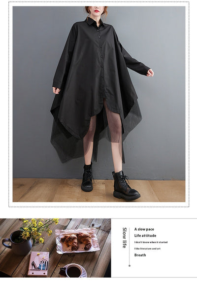 Vestido Camisero Holgado de Doble Capa con Malla Irregular - Image 20