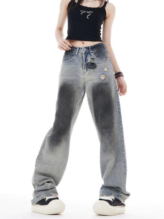 Jeans Retro de Cintura Alta y Pierna Ancha con Rotos - Image 4