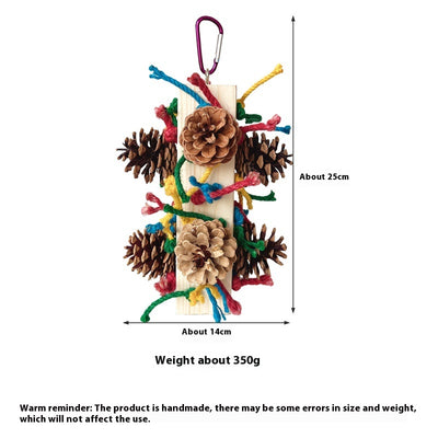 Packaged parrot toy with a wooden block, colorful hemp ropes, and natural pine cones for chewing and play. - Image 13