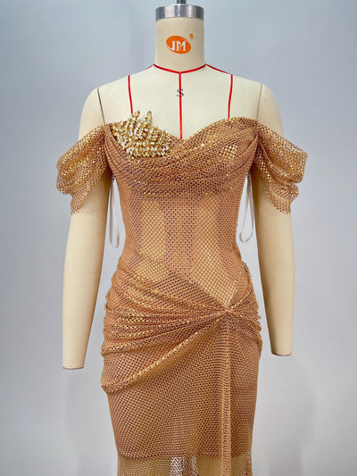 Vestido Largo Dorado Elegante Escote Descubierto Espalda Abierta Ajustado - Image 10