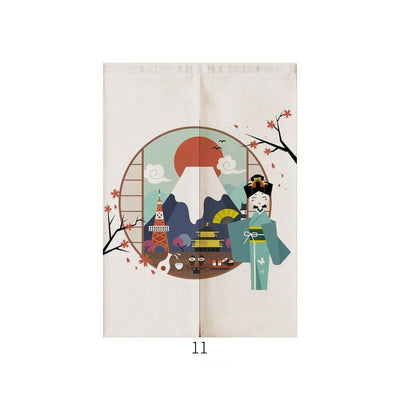 Japanese style noren door curtain with two red and blue Ukiyo-e koi fish on a cream wave pattern background. - Image 12