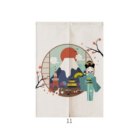 Japanese style noren door curtain with two red and blue Ukiyo-e koi fish on a cream wave pattern background. - Image 12