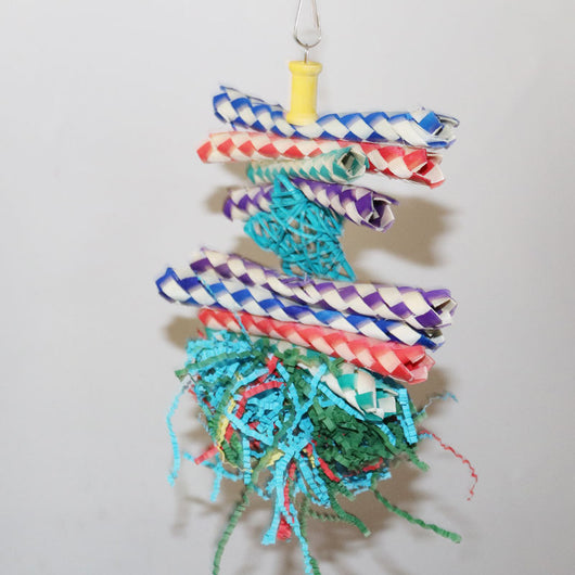 Colorful bird gnawing toy with braided paper strips, shredded paper, and woven balls, hanging from a hook. - Image 9