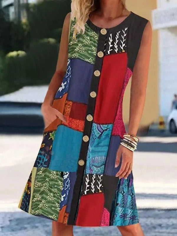 Vestido Sin Mangas con Cuello Redondo, Estampado y Bolsillos Contrastantes