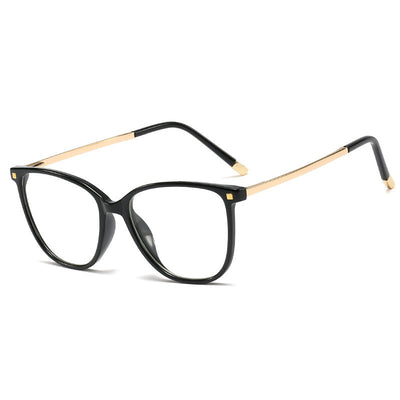 Black full-frame blue light blocking glasses with gold-colored metal temples on a white background. - Image 7