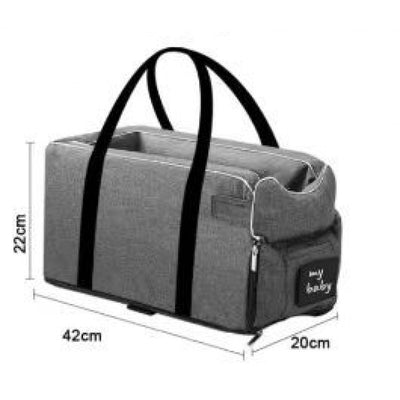 Gray portable car kennel for small dogs with black handles, featuring a side pocket and visible dimensions. - Image 10
