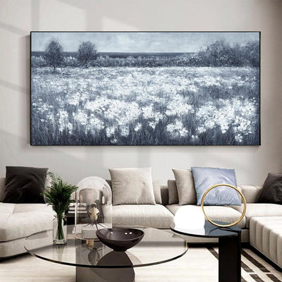 Cuadro Moderno Flores Blancas Paisaje Minimalista Negro y Blanco para Sala