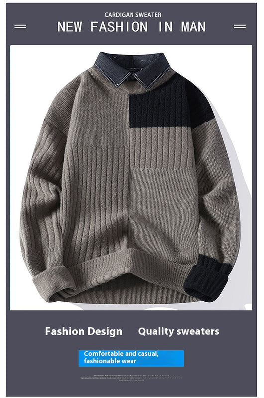 Suéter Tejido Holgado con Cuello Camisero para Hombre - Otoño e Invierno - Image 9