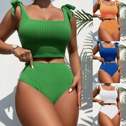 Green textured knit two-piece swimsuit with a square-neck crop top and high-waisted bottoms, featuring tie-shoulder straps. - Image 11