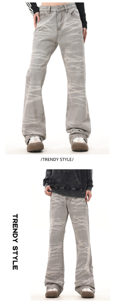 Jeans Rectos Desgastados a Mano Gris Mud con Rayas Retro - Image 11