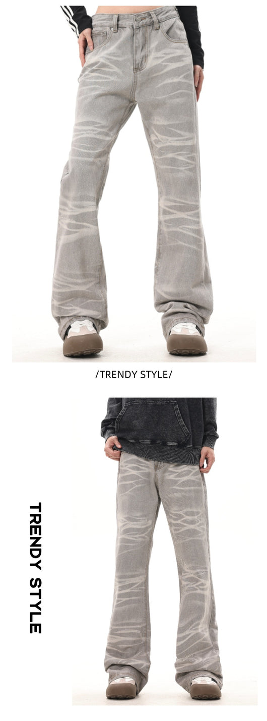 Jeans Rectos Desgastados a Mano Gris Mud con Rayas Retro - Image 11