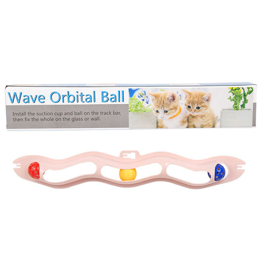 Light blue wavy pet track toy with red, yellow, and blue balls, shown with its packaging featuring two kittens. - Image 6