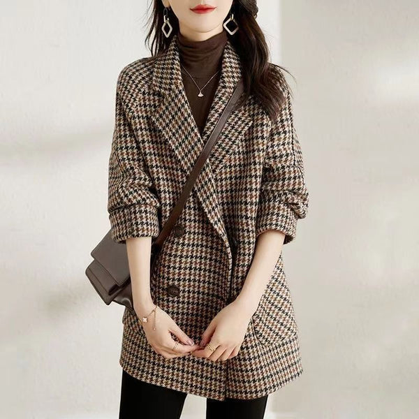 Abrigo de Lana Cuadros Houndstooth con Cuello Tipo Blazer para Mujer