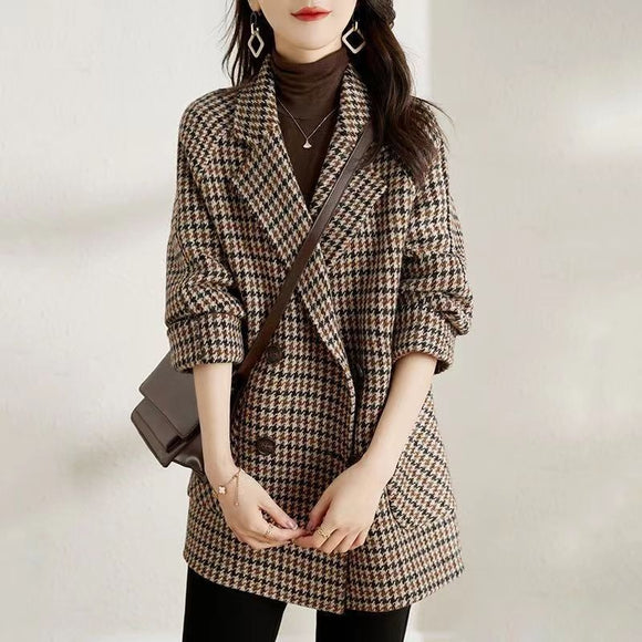 Abrigo de Lana Cuadros Houndstooth con Cuello Tipo Blazer para Mujer