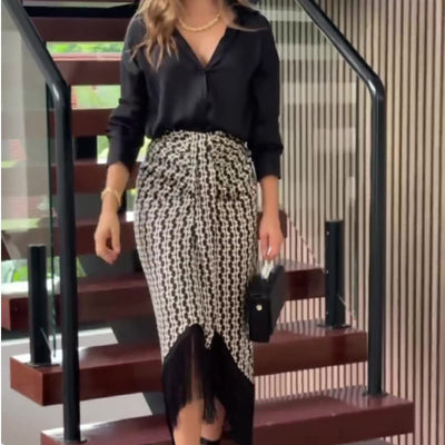 Conjunto Elegante Falda Alta con Blusa de Color Liso para Mujer - Image 9