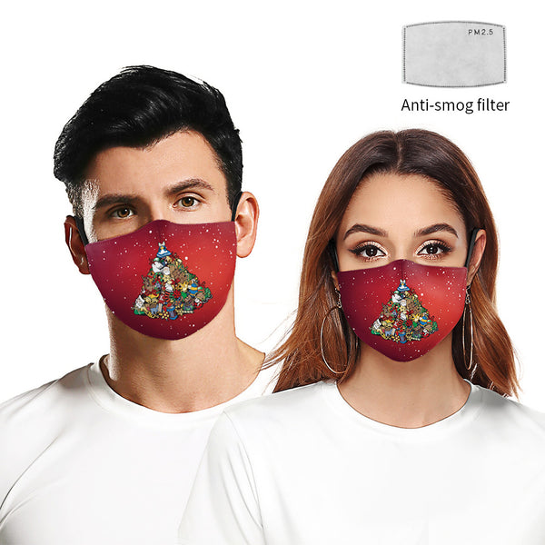 Christmas Santa Claus dustproof face mask with a red hat, white beard, and glasses on a blue and green background.